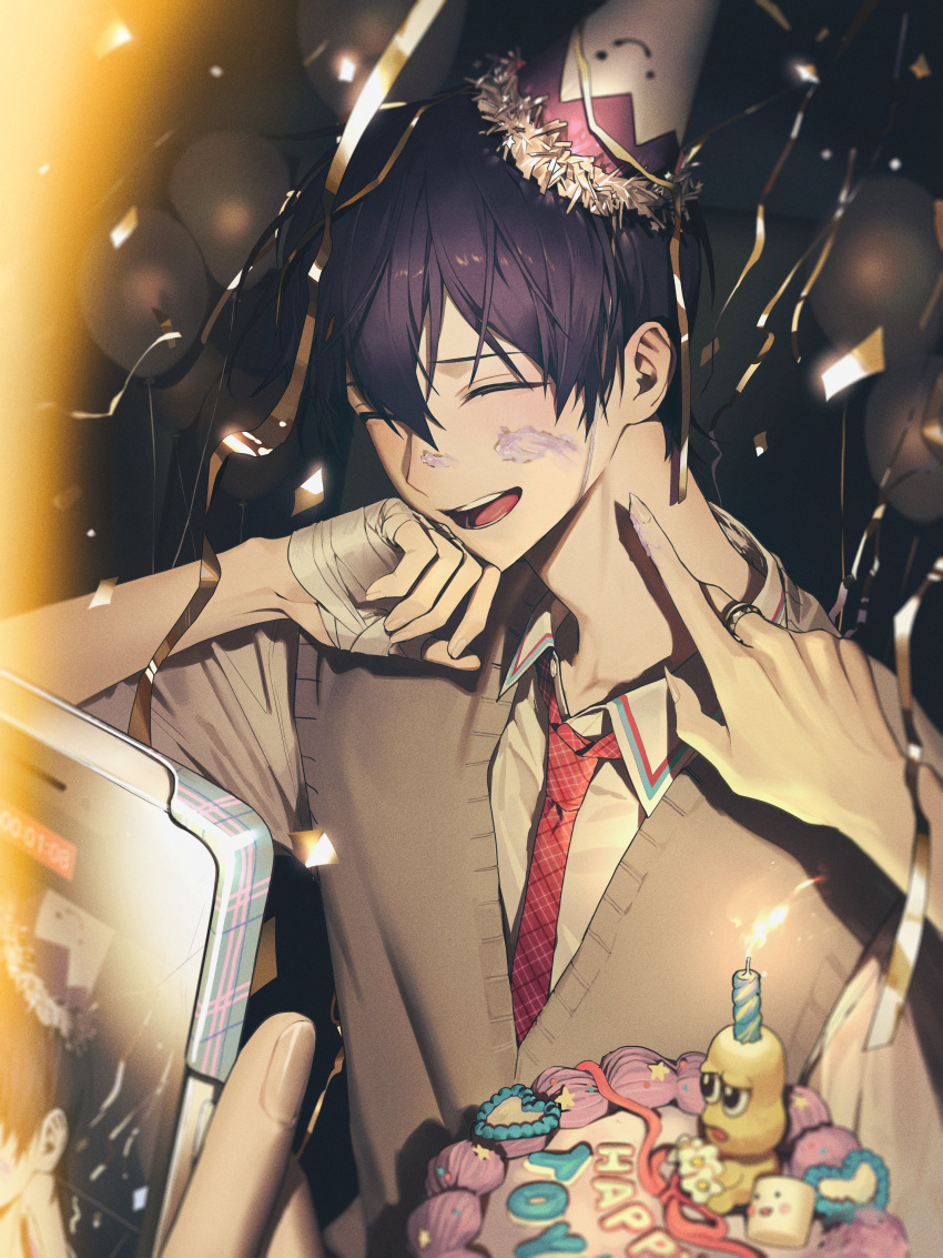 1boy absurdres balloon bandaged_hand bandages birthday_cake cake camera_flash candle cellphone closed_eyes commentary confetti food food_on_face grey_sweater_vest haero hat highres kenmochi_touya laughing long_sleeves male_focus mode_aim necktie nijisanji party_hat peanuts-kun phone purple_hair red_necktie shirt smartphone solo sweater_vest taking_picture virtual_youtuber white_shirt