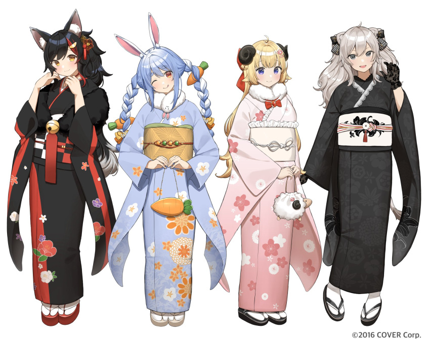 4girls ahoge alternate_costume animal_bag animal_ear_fluff animal_ears bag bangs bell black_footwear black_gloves black_hair black_kimono black_ribbon blonde_hair blue_eyes blue_hair blush bow braid brooch carrot_hair_ornament checkered_sash closed_mouth commentary don-chan_(usada_pekora) floral_print food-themed_hair_ornament french_braid full_body fur_scarf gem geta gloves grey_hair hair_ornament hair_ribbon hairclip handbag head_tilt highres holding holding_bag hololive horns japanese_clothes jewelry kimono lace lace_gloves licking_lips light_blue_hair lion_ears lion_girl lion_tail looking_at_viewer multicolored_hair multiple_girls obiage obijime official_art okobo ol_mahonanoka one_eye_closed ookami_mio open_mouth orange_eyes own_hands_together platform_footwear ponytail rabbit_ears rabbit_girl red_bow red_eyes red_footwear red_gemstone redhead ribbon sheep_ears sheep_girl sheep_horns shishiro_botan sidelocks simple_background smile standing streaked_hair swept_bangs tabi tail tassel tassel_hair_ornament thick_eyebrows tongue tongue_out tsunomaki_watame twin_braids twintails two-tone_hair usada_pekora virtual_youtuber watermark wavy_hair white_background white_hair wide_sleeves wolf_ears wolf_girl yellow_footwear yukata