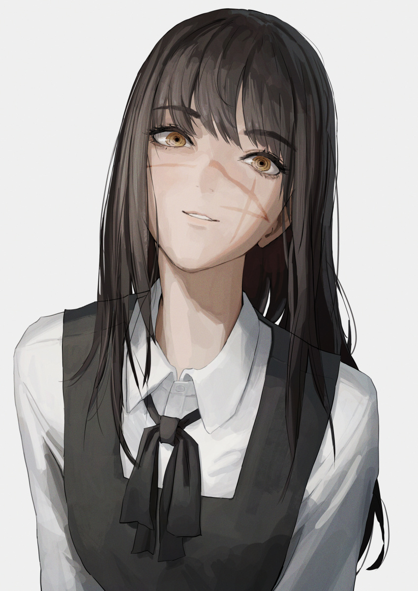 1girl absurdres ao_desu2222 bangs black_hair blue_background brown_eyes chainsaw_man grin highres long_hair looking_at_viewer scar scar_on_face school_uniform simple_background smile solo yoru_(chainsaw_man)