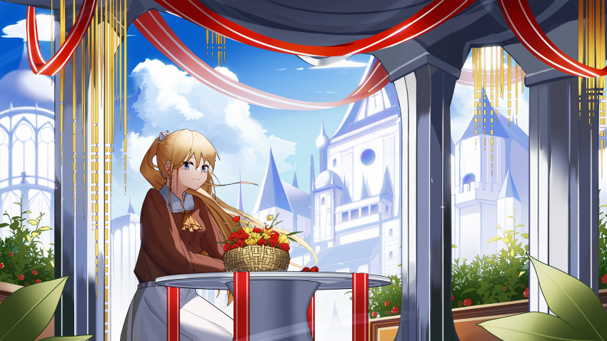 1girl absurdres architecture arm_on_table ascot awmin bangs banner basket blonde_hair blue_eyes building church collared_shirt cross day elbow_rest flower highres long_hair original outdoors pavilion plant ponytail ribbon shirt sitting skirt sky smile solo table very_long_hair