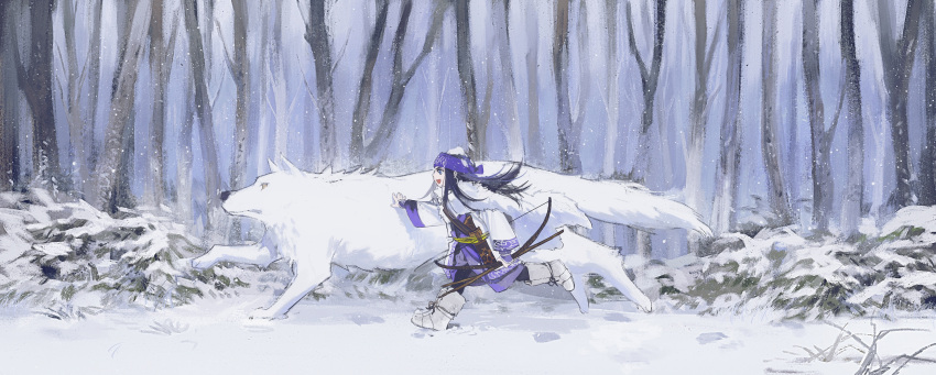 1girl :d absurdres ainu ainu_clothes animal arm_at_side asirpa bandana bare_tree black_hair black_pantyhose blue_bandana boots bow_(weapon) bush cape earrings floating_hair footprints forest from_side fur_boots golden_kamuy happy highres holding holding_bow_(weapon) holding_weapon hoop_earrings jewelry long_hair long_sleeves nature open_mouth outdoors outstretched_arm pantyhose pelt profile quxiaochong retar running side-by-side smile snow snowing tree weapon white_cape white_footwear wide_shot winter wolf