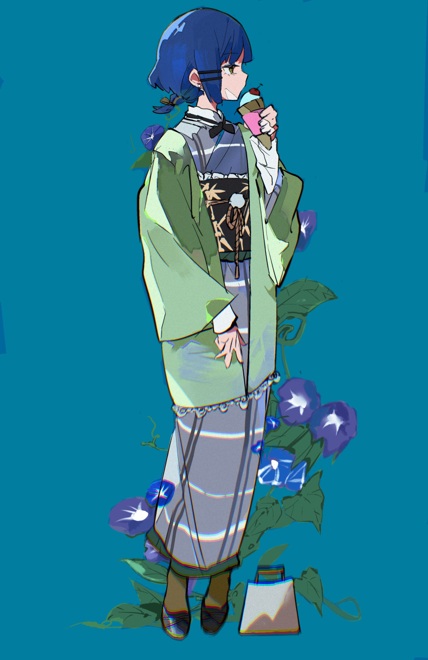 1girl absurdres alternate_costume bag bangs black_footwear blue_background blue_eyes blue_hair bocchi_the_rock! braid flower full_body hejingming highres holding japanese_clothes kimono long_sleeves looking_to_the_side morning_glory obi sash shoes simple_background single_braid solo standing wide_sleeves yamada_ryou