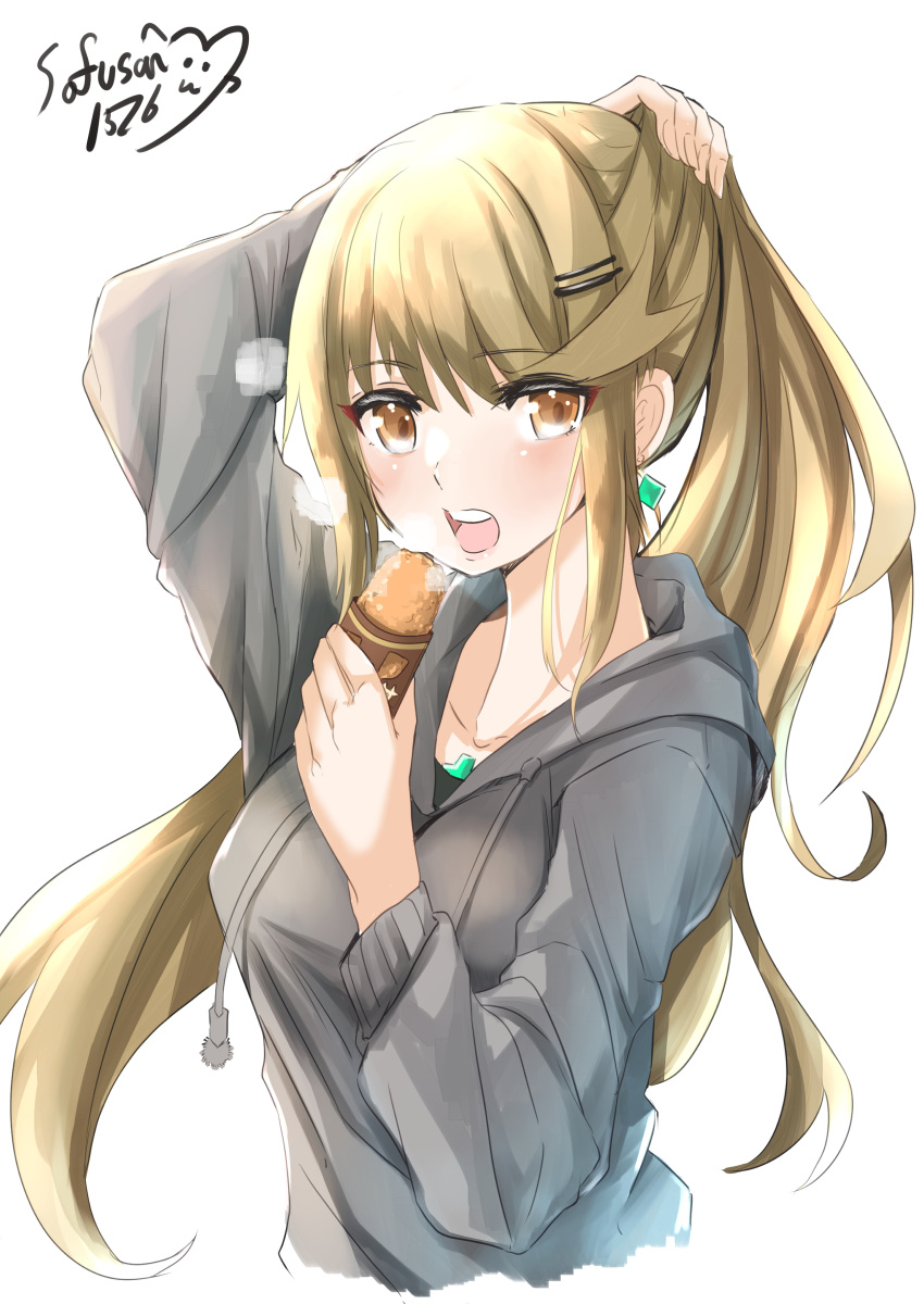 1girl absurdres artist_name bangs black_hoodie blonde_hair chest_jewel cropped_torso earrings food highres holding holding_food hood hoodie jewelry long_hair long_sleeves looking_at_viewer mythra_(xenoblade) open_mouth ponytail simple_background sketch sofusan1526 solo upper_body white_background xenoblade_chronicles_(series) xenoblade_chronicles_2 yellow_eyes