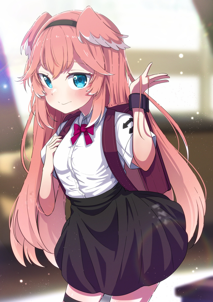 1girl absurdres backpack bag bangs black_hairband black_skirt blue_eyes blurry blurry_background blush bow breasts closed_mouth collared_shirt commentary_request depth_of_field dress_shirt feathered_wings hairband hands_up head_wings highres hololive long_hair looking_at_viewer okota_mikan pink_hair pink_wings pleated_skirt puffy_short_sleeves puffy_sleeves purple_bow shirt short_sleeves skirt small_breasts smile solo takane_lui very_long_hair virtual_youtuber white_shirt wings