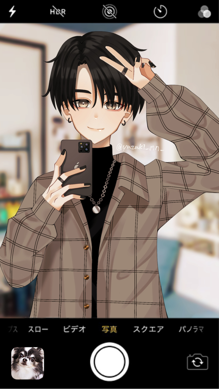 1boy animal bangs bishounen black_hair black_nails black_sweater blurry blurry_background brown_jacket cellphone circle depth_of_field dog earrings fake_screenshot fingernails gradient_eyes grey_eyes hand_on_own_head hand_up highres holding holding_phone jacket jewelry lightning_bolt_symbol long_bangs long_sleeves looking_at_viewer multicolored_eyes necklace open_clothes open_jacket original phone ring short_hair smile straight-on sweater thick_eyebrows turtleneck turtleneck_sweater twitter_username unbuttoned unbuttoned_jacket upper_body v viewfinder yuzuki_yuzuru