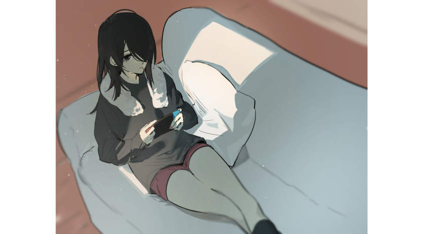 1girl alternate_costume ame-chan_(needy_girl_overdose) bangs black_hair black_shirt couch holding indoors long_hair long_sleeves looking_at_viewer needy_girl_overdose nintendo_switch on_couch phuc-u pillow red_shorts shirt shorts sitting solo towel towel_around_neck