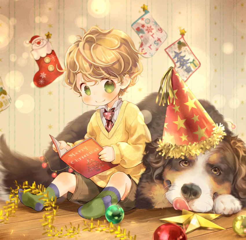 1boy animal aran_sweater blush book brown_hair brown_shorts cable_knit christmas christmas_stocking christmas_tree closed_mouth collared_shirt commentary_request dog full_body green_eyes green_socks hat holding holding_book indoors kuga_tsukasa looking_at_viewer male_focus merry_christmas necktie no_shoes on_floor open_book original party_hat polka_dot_necktie print_headwear red_necktie shirt shorts sitting smile socks solo star_(symbol) star_print striped striped_shirt sweater vertical-striped_shirt vertical_stripes white_shirt wooden_floor yellow_sweater
