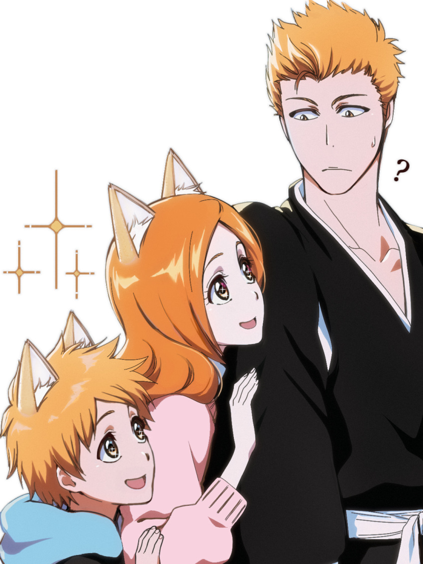 1boy 1girl ? animal_ears bleach blue_hoodie collarbone couple english_commentary family father_and_son fox_ears height_difference hetero highres hood hoodie husband_and_wife inoue_orihime kurosaki_ichigo kurosaki_kazui long_hair long_sleeves looking_at_another mother_and_son open_mouth orange_hair pink_sweater rozuberry short_hair sweater upper_body