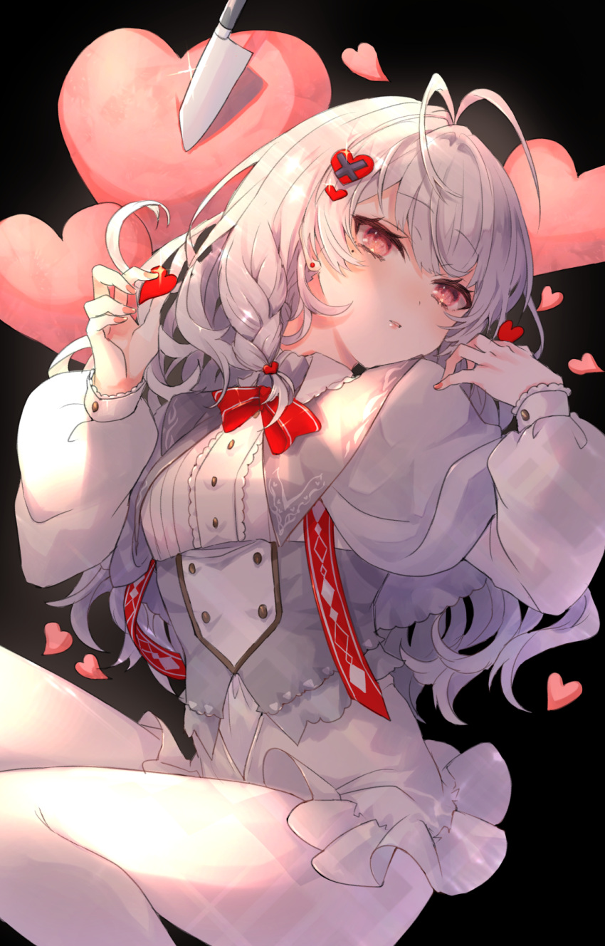 1girl antenna_hair bangs black_background braid breasts capelet commentary_request dress feet_out_of_frame frilled_dress frills grey_capelet grey_hair hair_between_eyes hair_ornament hands_up heart heart_hair_ornament highres knife long_hair long_sleeves looking_at_viewer original pantyhose puffy_long_sleeves puffy_sleeves red_eyes shikino_yuki simple_background sleeves_past_wrists small_breasts solo very_long_hair white_dress white_pantyhose