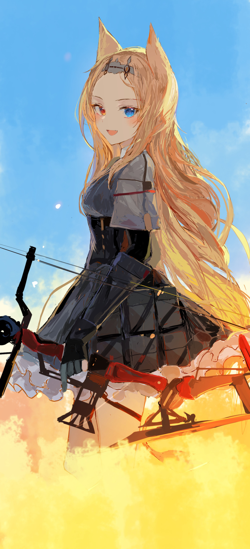 1girl absurdres animal_ears archetto_(arknights) arknights bangs blonde_hair blush bow_(weapon) commission gloves hair_ornament hairband heterochromia highres holding holding_weapon ichika_(ichika87) long_hair looking_at_viewer open_mouth outdoors skeb_commission skirt smile solo weapon