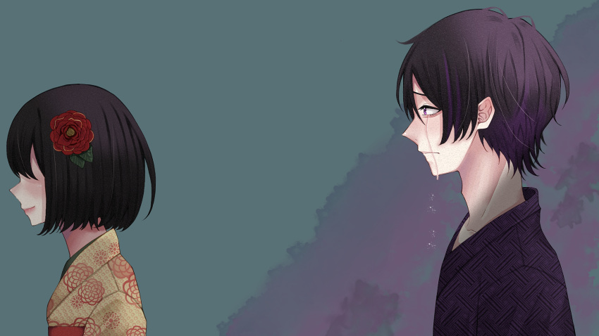 1boy 1girl bangs black_hair black_hakama blue_background bob_cut closed_mouth commission crying crying_with_eyes_open false_smile floral_print flower from_side frown grey_background hair_flower hair_ornament hakama highres ikanaide_(vocaloid) japanese_clothes kimono lips looking_at_another multicolored_background multicolored_hair no_eyes obi pink_lips print_kimono profile purple_background purple_hair red_flower red_sash sash shaded_face short_hair smile tears two-tone_hair violet_eyes yellow_kimono yuzuki_yuzuru