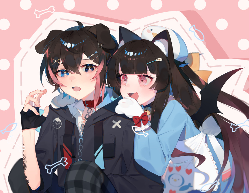 1boy 1girl ahoge animal_ear_fluff animal_ears animal_hands apron arm_tattoo bangs bat_wings bell black_hair black_jacket black_pants black_wings blue_dress blue_eyes blunt_bangs blush bow cat_ears cat_girl chain chain_leash checkered_pants collar collared_shirt colored_tips commentary commission dog_boy dog_ears dress earrings fang fingerless_gloves fingernails floppy_ears gloves hair_between_eyes hair_ornament hairclip hand_on_another's_shoulder hand_up highres jacket jewelry jingle_bell leash long_hair long_sleeves looking_at_another medium_hair multicolored_hair neck_bell open_mouth original pants paw_gloves pink_eyes pink_hair puffy_long_sleeves puffy_sleeves red_bow red_collar shirt sidelocks skeb_commission skin_fang smile symbol-shaped_pupils tattoo very_long_hair white_apron white_gloves white_shirt wide_sleeves wings x-shaped_pupils zumi_(neronero126)