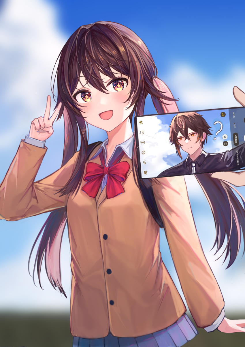 1boy 1girl absurdres bangs black_hair blurry blurry_background blush bow bowtie breasts brown_hair cellphone clouds cloudy_sky earrings english_commentary eyeliner eyeshadow flower-shaped_pupils genshin_impact gradient_hair hair_between_eyes hand_up highres holding holding_phone hu_tao_(genshin_impact) jacket jewelry long_hair long_sleeves looking_at_viewer makeup miniskirt mugiko_mz multicolored_hair necktie open_mouth outdoors phone red_eyes red_eyeshadow school_uniform shirt skirt sky smartphone smile star-shaped_pupils star_(symbol) symbol-shaped_pupils taking_picture twintails upper_body v white_necktie yellow_eyes zhongli_(genshin_impact)