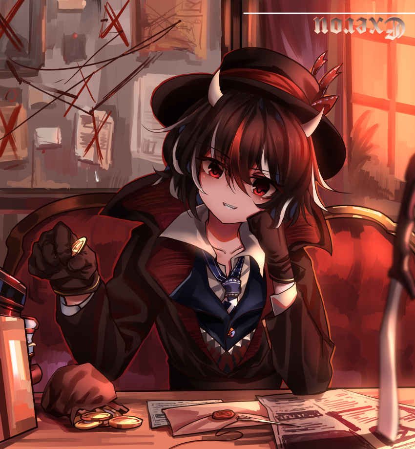 absurdres black_hair coat coin gloves hat highres horns kijin_seija letter money multicolored_hair necktie needle redhead short_hair smile top-exerou touhou