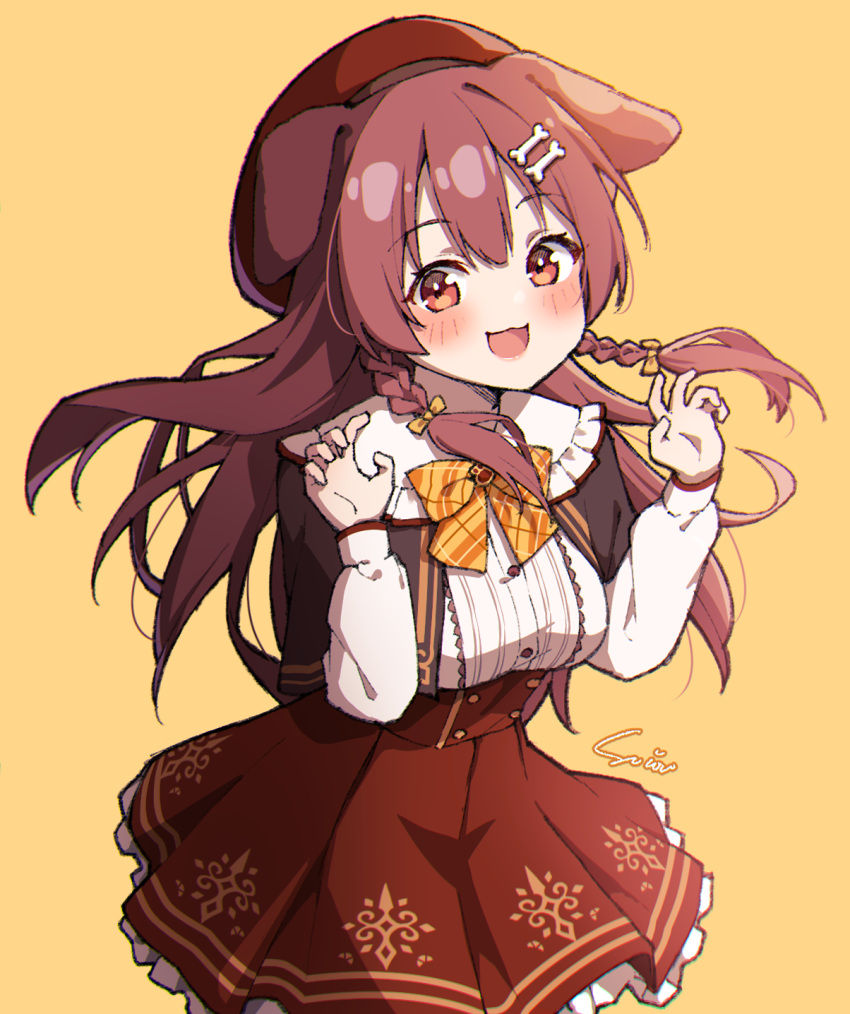 1girl :3 animal_ears artist_name beret blush bone_hair_ornament bow bowtie braid brown_capelet brown_hair capelet cartoon_bone center_frills claw_pose cowboy_shot dog_ears dog_girl frilled_shirt frilled_shirt_collar frills hair_between_eyes hair_bow hair_ornament hair_over_shoulder hands_up hat high-waist_skirt highres hololive inugami_korone long_hair long_sleeves looking_at_viewer low_twin_braids miniskirt official_alternate_costume open_mouth paw_ornament plaid plaid_bow plaid_bowtie red_eyes red_headwear red_skirt seion shirt skirt smile solo twin_braids virtual_youtuber white_shirt yellow_background yellow_bow yellow_bowtie