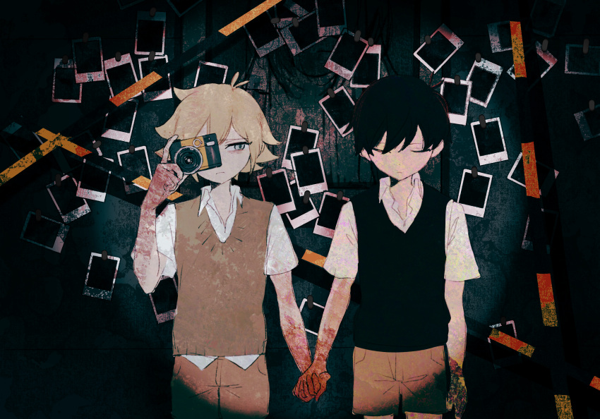 2boys bangs basil_(omori) black_hair black_vest blonde_hair blood blood_on_hands blue_eyes brk93 brown_shorts brown_sweater_vest camera caution_tape closed_eyes closed_mouth collared_shirt cowboy_shot facing_viewer highres holding holding_camera holding_hands looking_at_another male_focus multiple_boys omori polaroid shirt short_hair short_sleeves shorts sideways_glance spoilers sunny_(omori) sweater_vest vest vignetting white_shirt