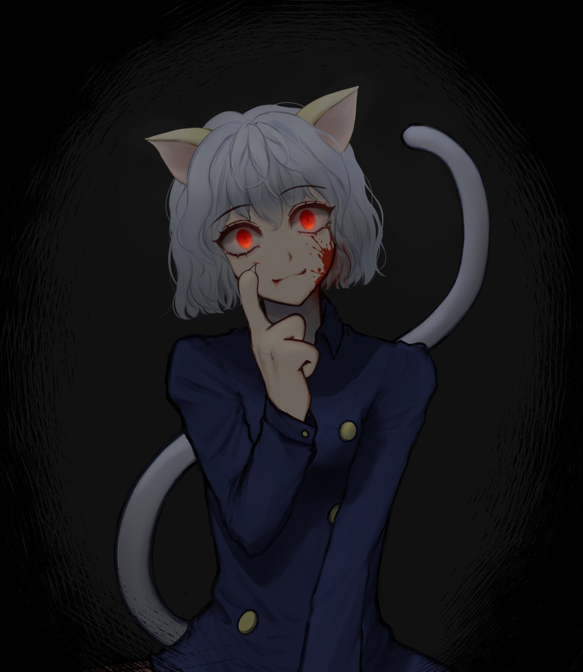 1other :3 absurdres animal_ears animal_hands blood blood_splatter blue_shirt buttons cat_ears cat_tail closed_mouth dark dbr_(dbruuu9) double-breasted fewer_digits fingernails glowing glowing_eyes grey_background grey_hair head_tilt highres hunter_x_hunter long_sleeves looking_at_viewer neferpitou red_eyes sharp_fingernails shirt short_hair simple_background sitting smile solo tail