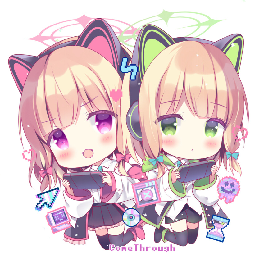 2girls :3 :d animal_ear_headphones animal_ears azumi_kazuki bangs black_footwear black_shorts black_skirt black_thighhighs blonde_hair blue_archive blue_bow blue_necktie blush bow chibi collared_shirt commentary_request cursor dress_shirt fake_animal_ears full_body green_eyes hair_bow halo handheld_game_console headphones holding hourglass jacket long_sleeves midori_(blue_archive) momoi_(blue_archive) multiple_girls necktie open_clothes open_jacket parted_lips pixelated pleated_skirt red_bow red_footwear shirt shoes short_shorts shorts siblings sidelocks simple_background sisters skirt sleeves_past_wrists smile thigh-highs twins violet_eyes white_background white_jacket white_shirt wide_sleeves