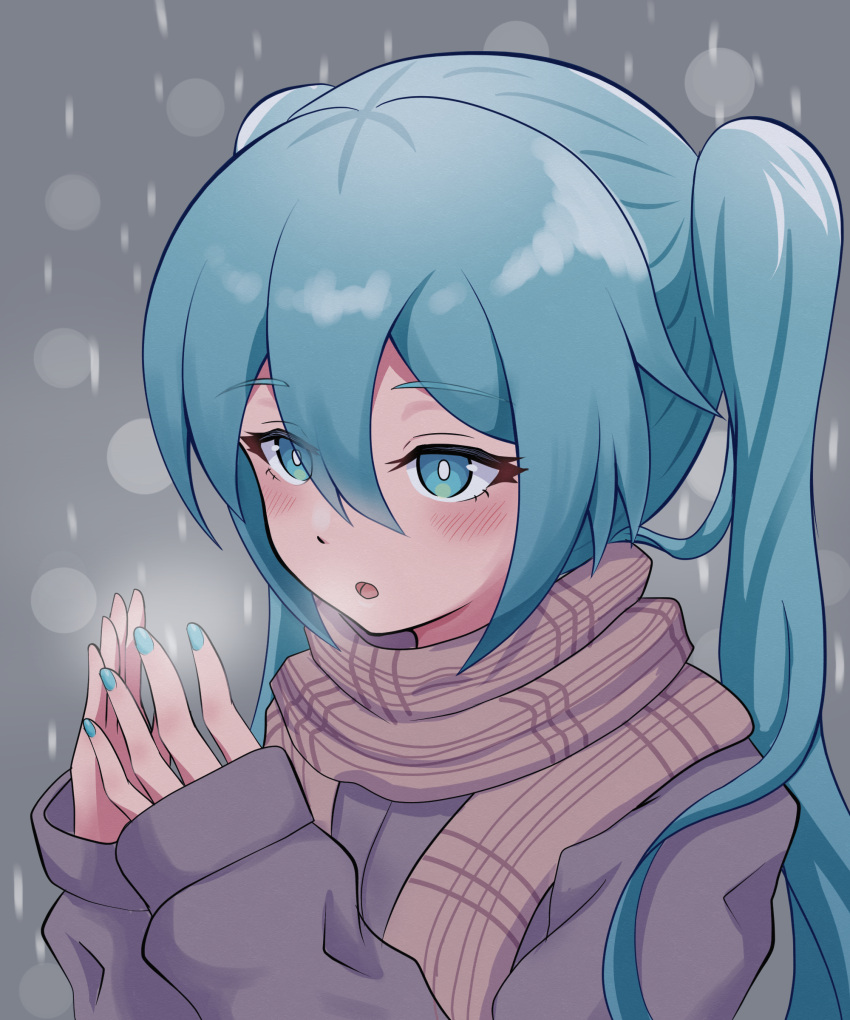1girl absurdres bangs blue_eyes blue_hair blush breath breathing_on_hands commentary hatsune_miku highres jacket kumada_gaon long_hair long_sleeves nail_polish open_mouth plaid plaid_scarf scarf sleeves_past_wrists snowing solo twintails vocaloid winter winter_clothes