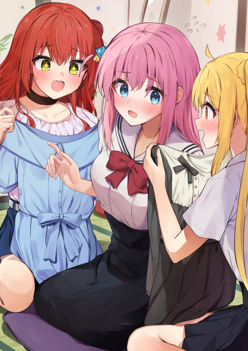 3girls absurdres ahoge bangs black_choker black_skirt blonde_hair blue_eyes blush bocchi_the_rock! bow bowtie brown_eyes choker commentary_request fang flying_sweatdrops gotou_hitori green_eyes highres holding holding_clothes ijichi_nijika indoors kita_ikuyo long_hair looking_at_another multiple_girls one_side_up open_mouth pink_hair racchi. red_bow red_bowtie redhead school_uniform seiza serafuku shirt_tucked_in short_sleeves sitting skirt star-shaped_pupils star_(symbol) symbol-shaped_pupils white_serafuku