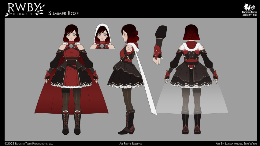 1girl artist_name back boots character_name commentary copyright_name detached_sleeves dress english_commentary erin_winn fingerless_gloves from_side full_body gloves grey_background grey_eyes highres looking_at_viewer multiple_views official_art pantyhose redhead reference_sheet rwby summer_rose watermark