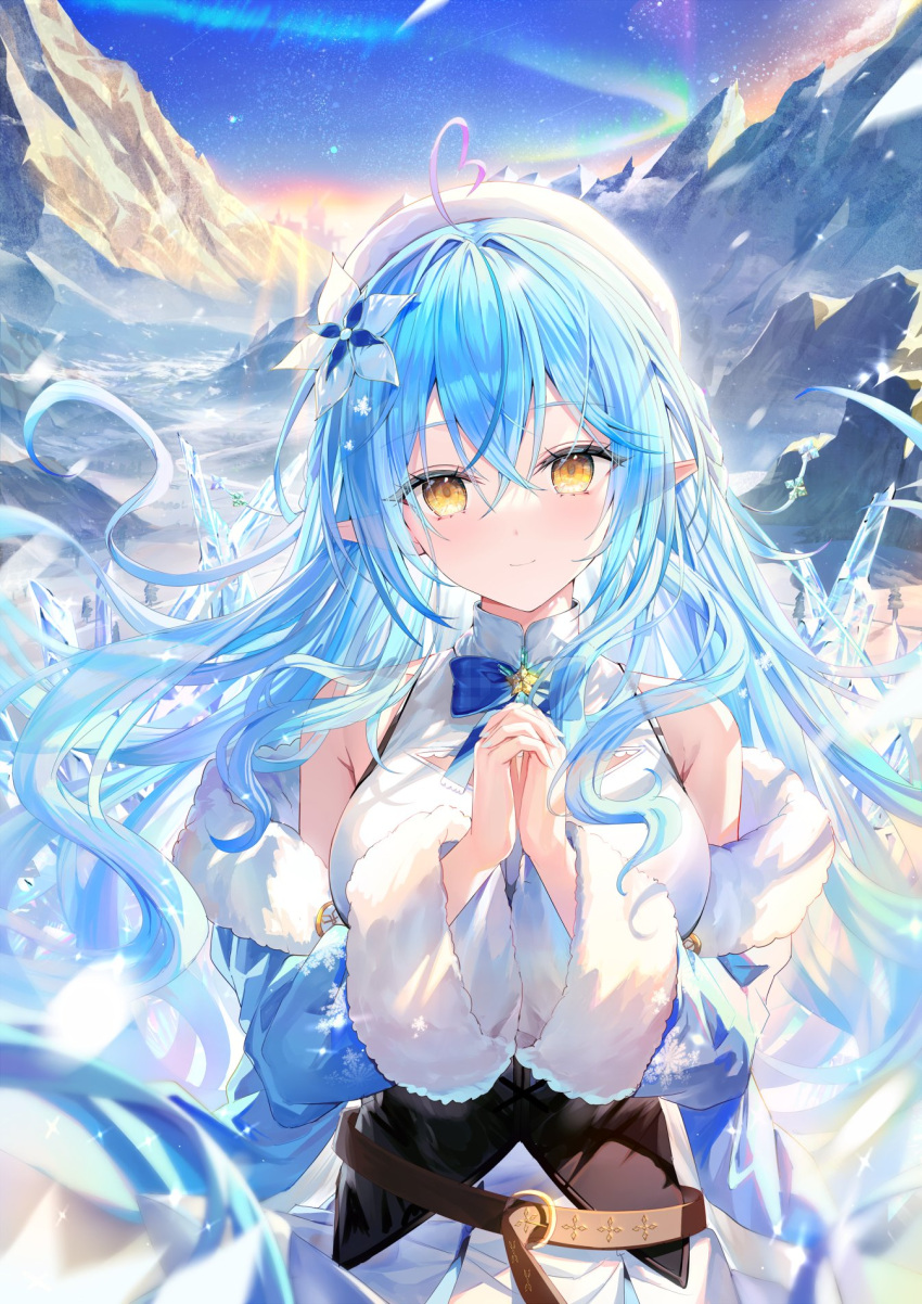 1girl ahoge aurora bare_shoulders belt blue_coat blue_hair blue_ribbon braid camisole coat corset flower hair_flower hair_ornament hat heart heart_ahoge highres hololive icicle light_smile long_hair looking_at_viewer mountain own_hands_together pointy_ears ribbon rin_yuu sky snow very_long_hair virtual_youtuber white_camisole yellow_eyes yukihana_lamy