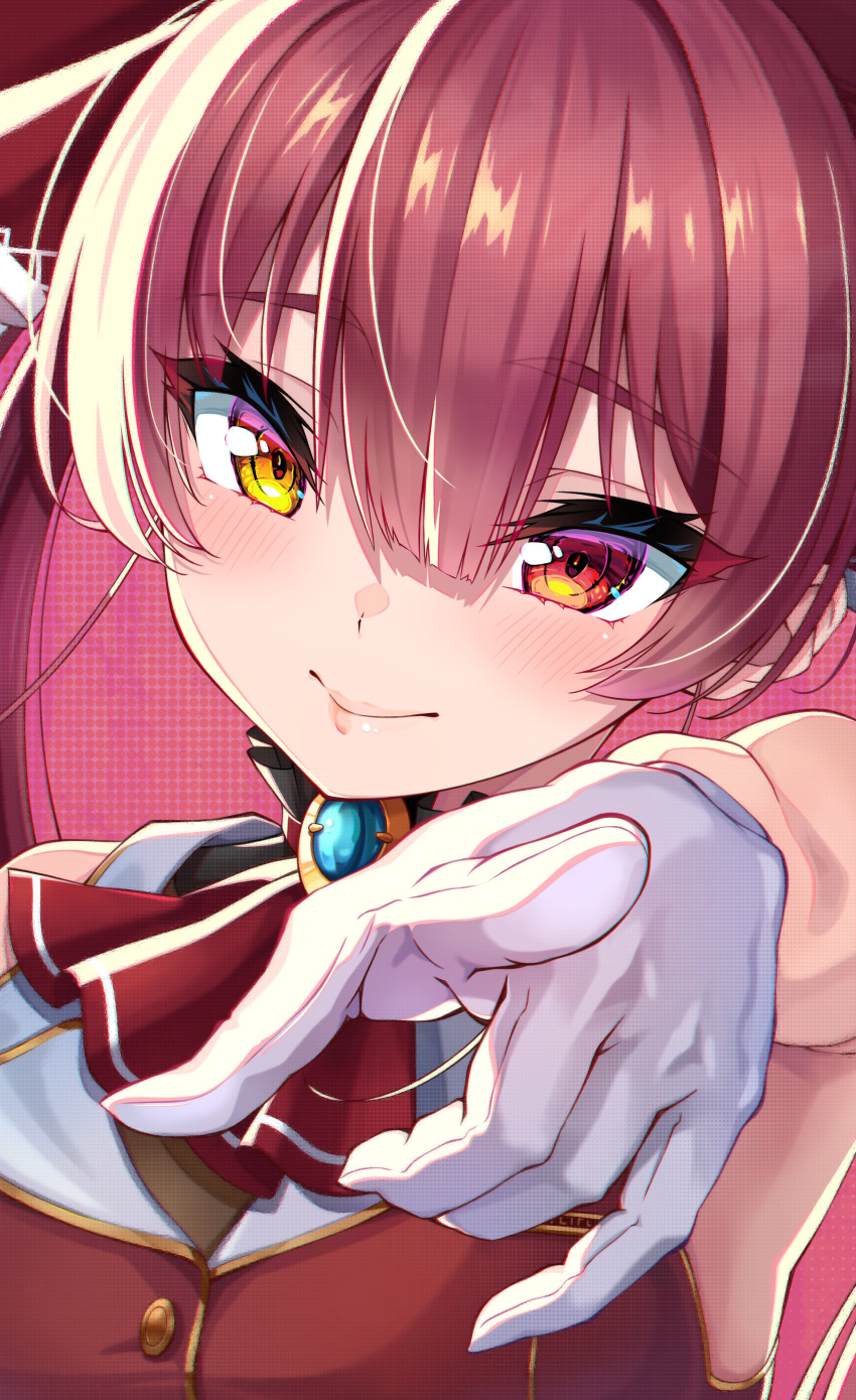 1girl absurdres ascot bare_shoulders blush breasts close-up gloves hair_between_eyes heterochromia highres hololive houshou_marine jewelry long_hair looking_at_viewer pointing pointing_at_viewer purple_hair red_ascot red_eyes shinno sleeveless smile solo twintails virtual_youtuber white_gloves yellow_eyes