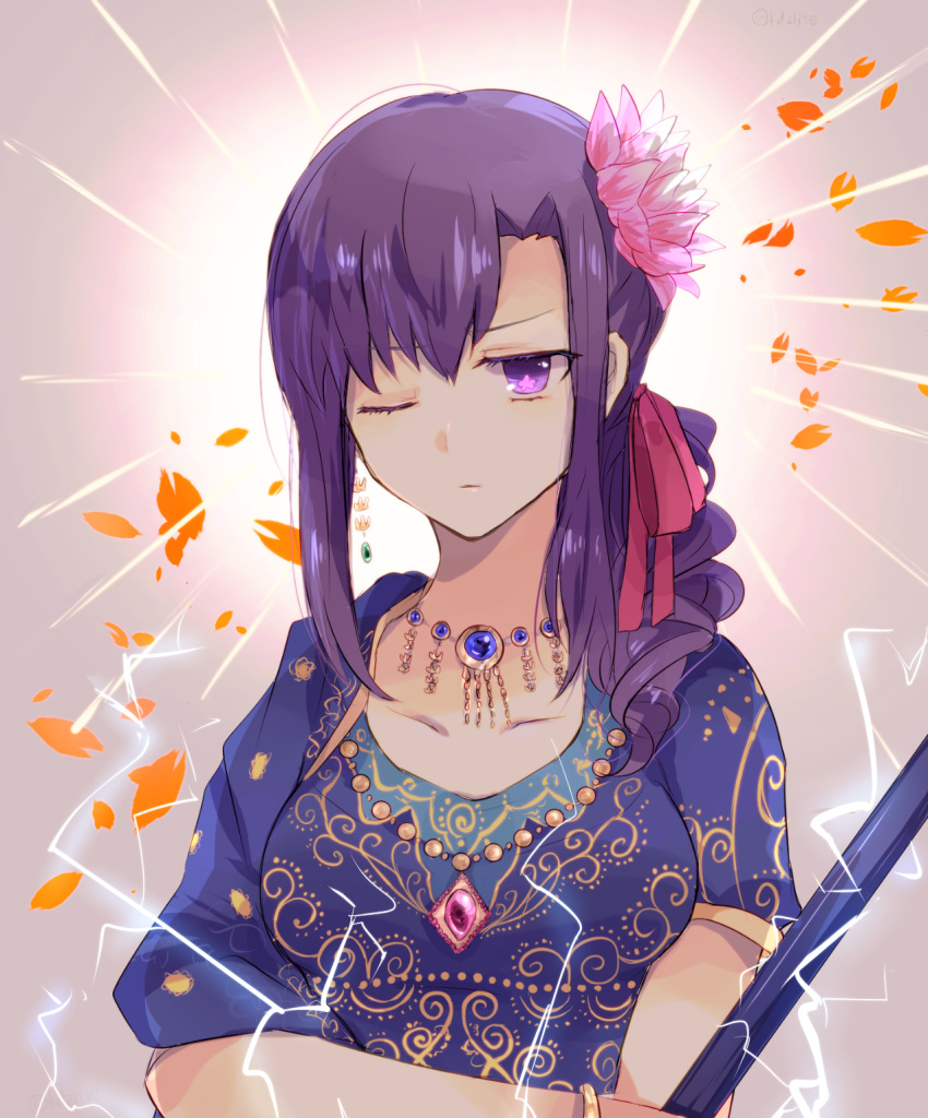 1girl bangs blue_gemstone blue_shirt bracelet breasts closed_mouth collarbone commentary_request earrings electricity fate/grand_order fate_(series) flower gem green_gemstone hair_between_eyes hair_flower hair_ornament hair_ribbon highres holding holding_polearm holding_weapon indian_clothes jewelry long_hair looking_at_viewer lotus matou_sakura medium_breasts necklace one_eye_closed parvati_(fate) petals pink_flower pink_gemstone pink_ribbon polearm purple_hair ribbon shirt short_sleeves sodamachi solo symbol-shaped_pupils upper_body violet_eyes weapon