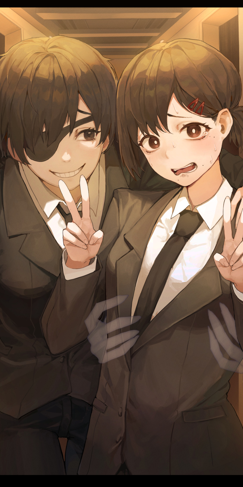 2girls absurdres asymmetrical_hair bangs black_hair black_jacket black_necktie blazer blush bright_pupils brown_eyes chainsaw_man collared_shirt commentary doorway double_v dress_shirt eyelashes eyepatch formal grin hair_behind_ear hair_between_eyes hair_ornament hairclip hands_up higashiyama_kobeni highres himeno_(chainsaw_man) indoors jacket lapels leaning_forward letterboxed long_sleeves looking_at_another looking_at_viewer mole mole_under_eye mole_under_mouth multiple_girls multiple_moles necktie one_eye_covered open_mouth pocket ponytail raised_eyebrows shirt short_hair short_ponytail sidelocks smile standing suit tearing_up teeth tongue v wavy_mouth white_pupils white_shirt wing_collar yogu_(user_rxdx2445)