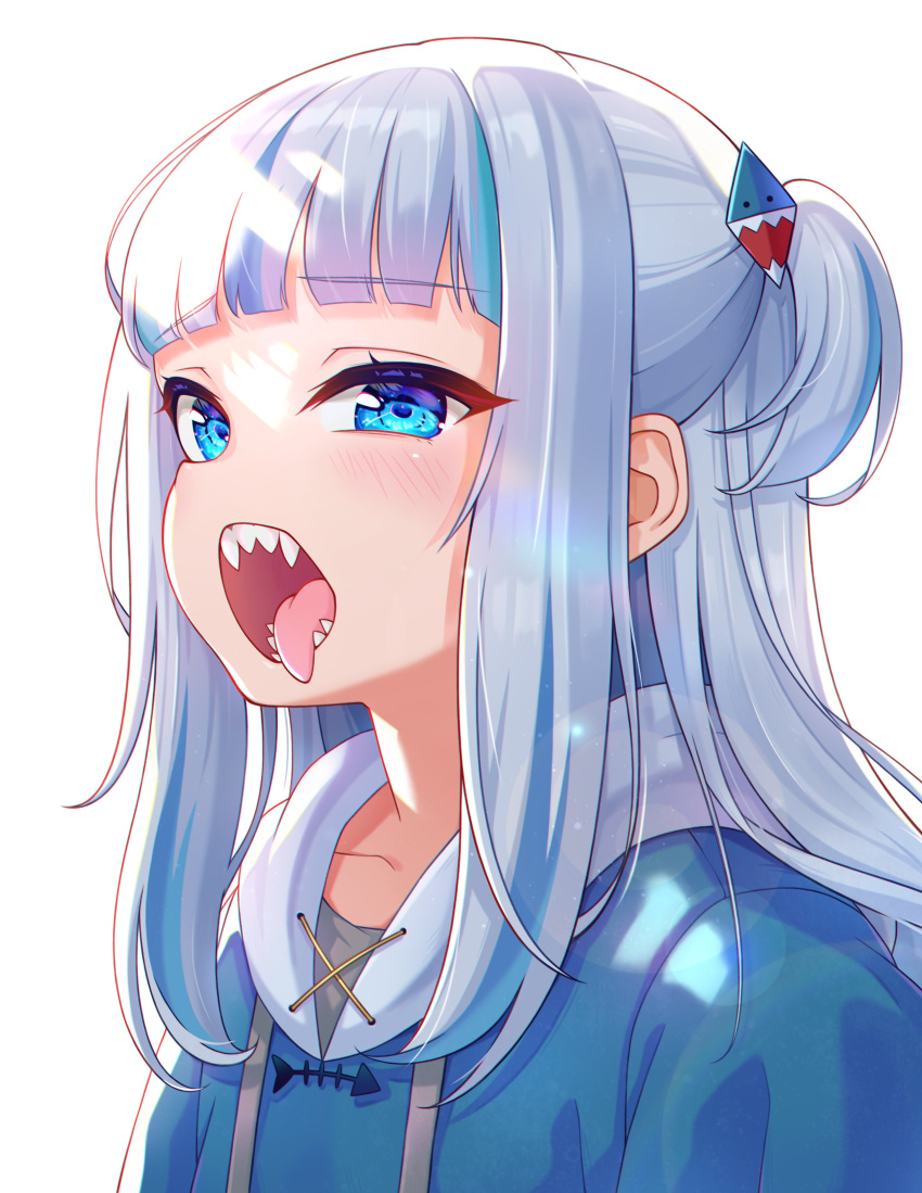 1girl absurdres bangs blue_eyes blue_hair blunt_bangs blush gawr_gura hair_ornament highres hololive hololive_english hood hoodie long_hair looking_at_viewer multicolored_hair one_side_up open_mouth shark_hair_ornament sharp_teeth shinno simple_background solo teeth tongue tongue_out two-tone_hair virtual_youtuber white_background white_hair