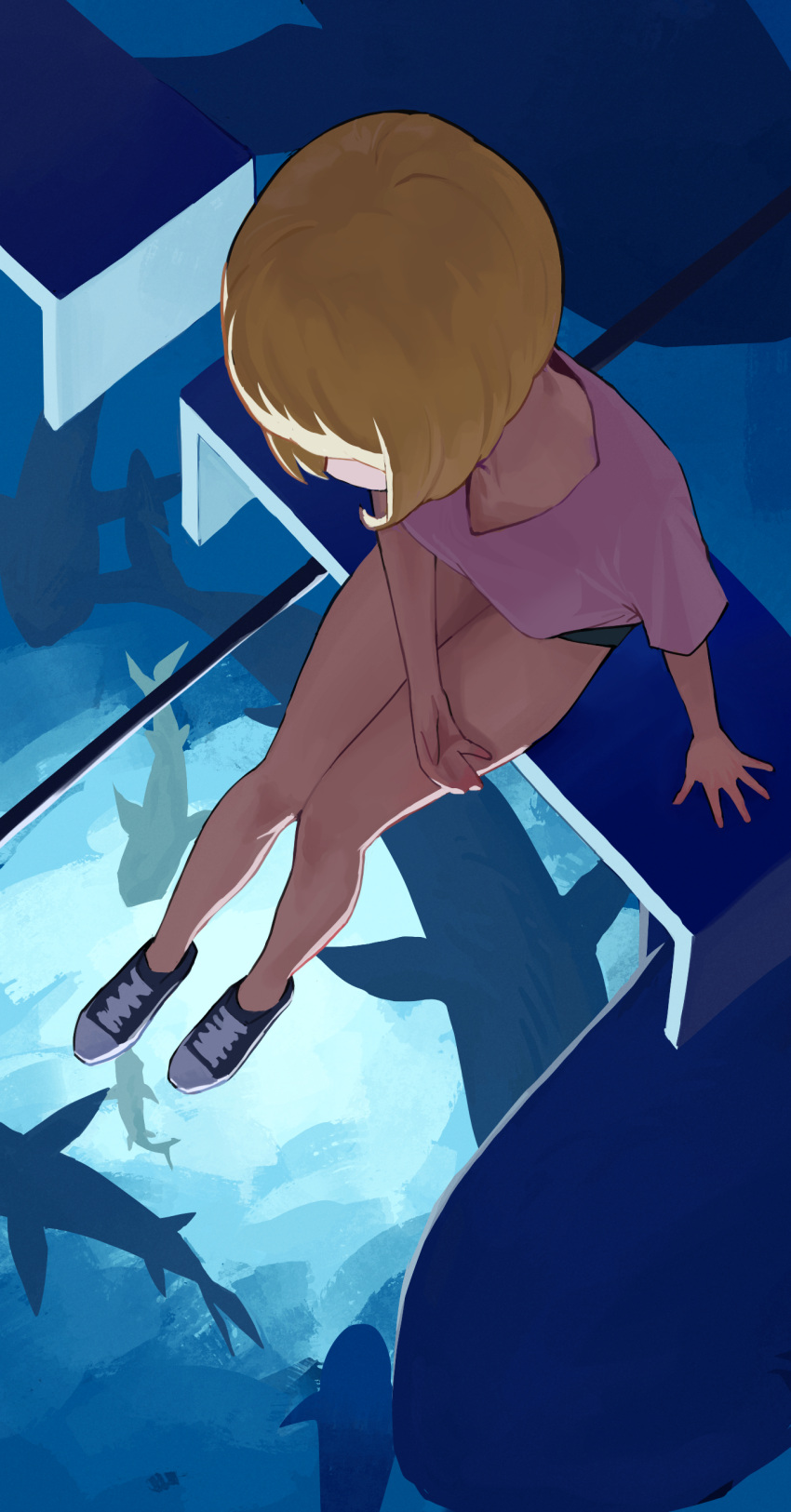1girl absurdres aquarium arm_support bangs bench black_footwear black_shorts blonde_hair bob_cut breasts collarbone commentary english_commentary from_above full_body glass_floor hand_on_lap highres looking_down medium_breasts on_bench original pink_shirt sekoshi_(some1else45) shark shirt shoes short_hair short_shorts shorts sitting sneakers solo some1else45 t-shirt thighs v-neck