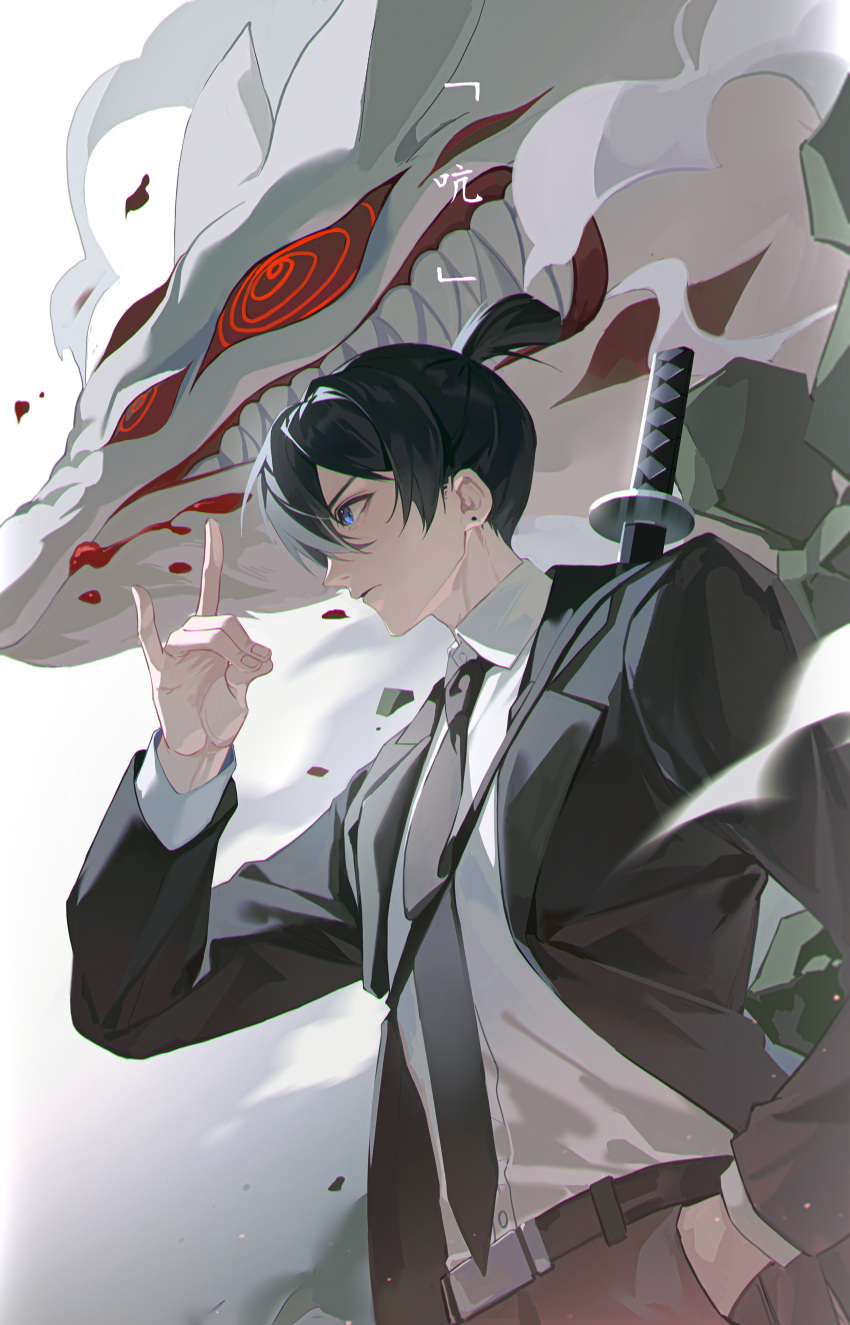 1boy @_@ absurdres bangs belt black_hair black_jacket black_necktie black_pants black_suit blood blue_eyes chainsaw_man clenched_teeth collared_shirt cowboy_shot debris dutch_angle ear_piercing extra_eyes formal fox_devil_(chainsaw_man) fox_shadow_puppet from_side hair_between_eyes hand_in_pocket hand_up hayakawa_aki highres jacket katana long_sleeves looking_ahead male_focus necktie pants parted_lips piercing profile qiu_xiong_ji_e red_eyes serious sharp_teeth shirt short_hair smoke solo standing suit sword teeth topknot weapon weapon_on_back white_background white_shirt
