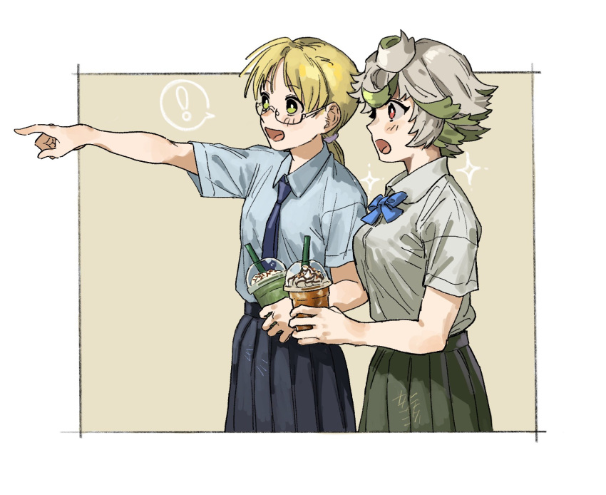 ! 2girls aged_up ahoge bangs bare_arms black_skirt blonde_hair blue_bow blue_bowtie blue_necktie blue_shirt blue_skirt blush bow bowtie breasts contemporary cowboy_shot cream cup disposable_cup drink drinking_straw flat_chest flipped_hair from_side glasses green_eyes green_hair green_skirt grey_hair grey_shirt highres holding holding_cup holding_drink long_hair looking_away low_ponytail made_in_abyss maido_(gokujohoureisen) multicolored_hair multiple_girls necktie outside_border outstretched_arm pleated_skirt pointing ponytail prushka red_eyes riko_(made_in_abyss) school_uniform shirt shirt_tucked_in short_hair short_sleeves side-by-side simple_background skirt sparkle spoken_exclamation_mark streaked_hair white_background white_shirt