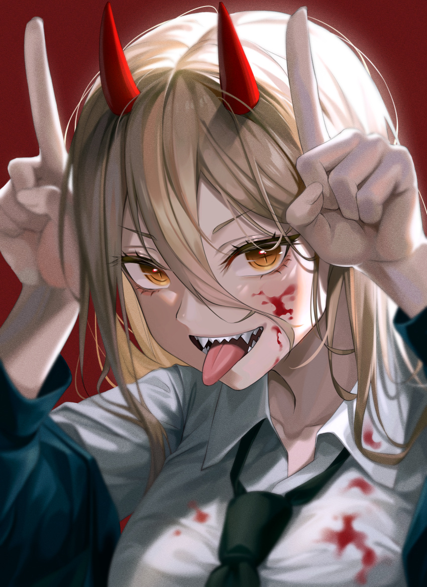 1girl absurdres akgrn blood blood_on_face chainsaw_man collarbone collared_shirt film_grain hair_between_eyes highres horns necktie power_(chainsaw_man) red_background sharp_teeth shirt solo teeth tongue tongue_out
