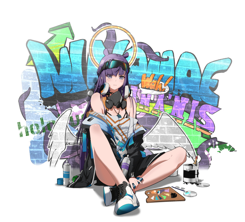 1girl absurdres brick_wall closed_mouth gas_mask goggles goggles_on_head graffiti hbx headphones highres hololive hololive_english jacket jewelry light_blush long_hair mask mole mole_under_eye necklace ninomae_ina'nis open_clothes open_jacket paint_can paintbrush palette_(object) pointy_ears purple_hair shoes sitting smile sneakers solo spray_paint virtual_youtuber