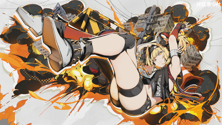 absurdres alternate_costume artist_request blonde_hair building explosion fingerless_gloves fire floating frown glaring gloves headband highres looking_at_viewer luna_(punishing:_gray_raven) official_art punishing:_gray_raven smoke spiked_footwear traffic_cone traffic_light twintails