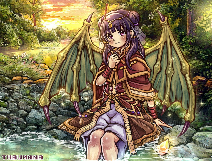 1girl bracelet double_bun dragon_wings dragonstone dress fire_emblem fire_emblem:_the_sacred_stones hair_bun highres jewelry looking_at_viewer myrrh_(fire_emblem) purple_hair red_dress rock smile sun thaumana tree violet_eyes water wings