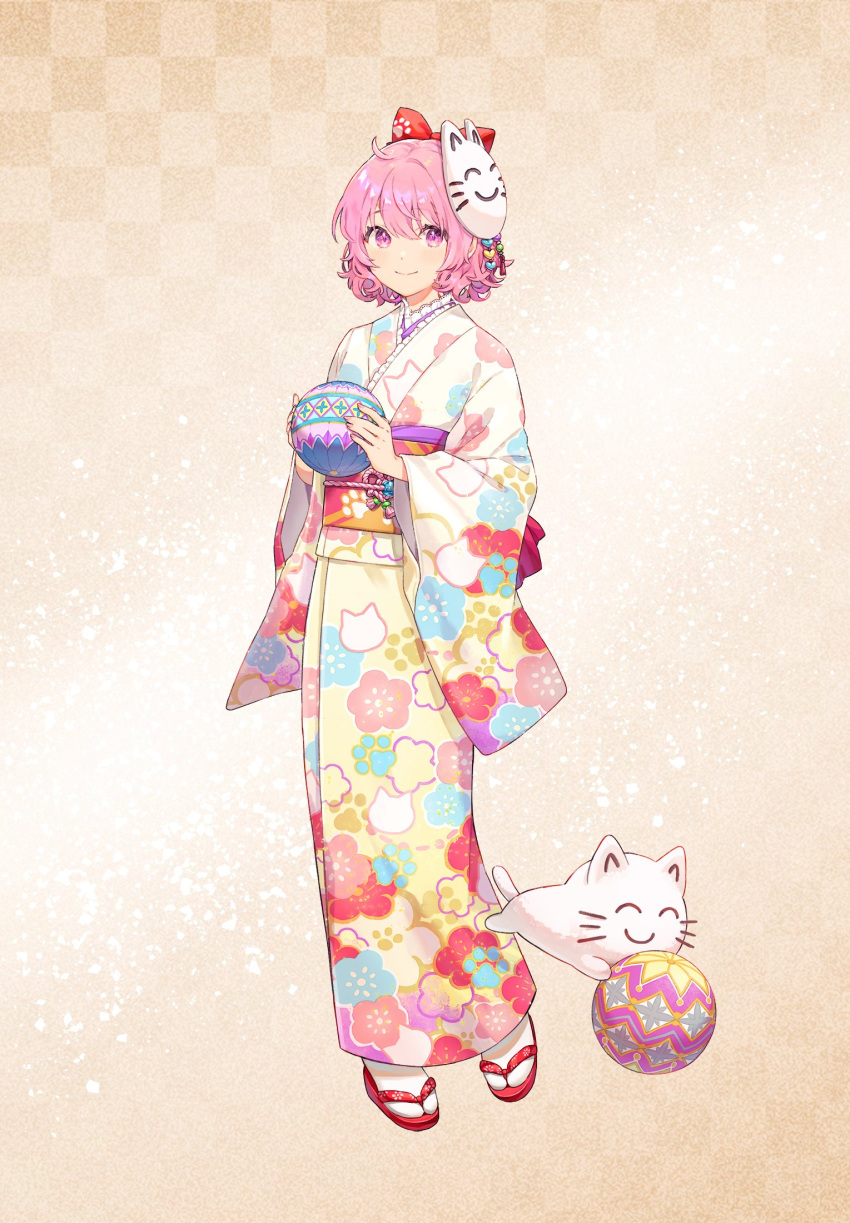 1girl ball bangs blush bow closed_mouth full_body hair_bow highres holding holding_ball japanese_clothes kimono long_sleeves looking_at_viewer mask mask_on_head niconico nqrse nqrse_no_neko obi pink_eyes pink_hair saino sandals sash short_hair sidelocks smile socks solo tabi white_socks wide_sleeves yukata