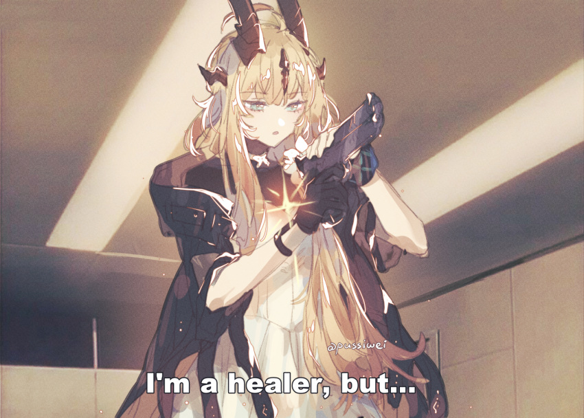 ahoge arknights black_gloves black_jacket blonde_hair dragon_horns dress gloves green_eyes gun holding holding_gun holding_weapon horns i'm_a_healer_but..._(meme) impact_(font) indoors jacket long_hair meme open_clothes open_jacket open_mouth reed_(arknights) reed_the_flame_shadow_(arknights) single_glove stariwei twitter_username weapon white_dress