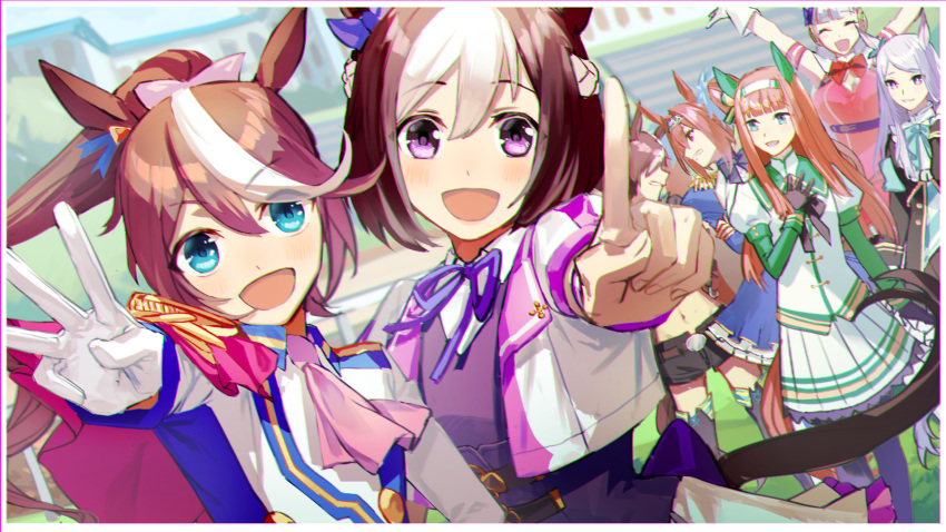 6+girls animal_ears arms_up ascot back_bow bangs black_coat black_footwear black_pantyhose black_shorts blouse blue_shirt blunt_bangs bob_cut boots bow brown_hair capelet closed_eyes coat collared_shirt commentary_request cropped_jacket daiwa_scarlet_(umamusume) day dress dutch_angle ear_covers ear_ribbon epaulettes frown glaring gloves gold_ship_(umamusume) green_eyes grey_hair grimace hachimaki hair_bow hair_intakes hand_on_own_chest headband highres horse_ears horse_girl horse_tail index_finger_raised jacket juliet_sleeves long_hair long_sleeves looking_at_another looking_at_viewer mejiro_mcqueen_(umamusume) midriff miniskirt multicolored_hair multiple_girls navel neck_ribbon open_mouth orange_hair outdoors pantyhose partial_commentary pink_ascot pink_bow pleated_skirt ponytail puffy_sleeves purple_ribbon red_bow red_capelet red_dress ribbon shirt short_hair short_shorts shorts silence_suzuka_(umamusume) single_epaulette skirt sleeveless sleeveless_dress smile special_week_(umamusume) streaked_hair swept_bangs tail thigh_boots tiara tokai_teio_(umamusume) umamusume umeumeduka violet_eyes vodka_(umamusume) w white_gloves white_hair white_headband white_jacket white_shirt white_skirt