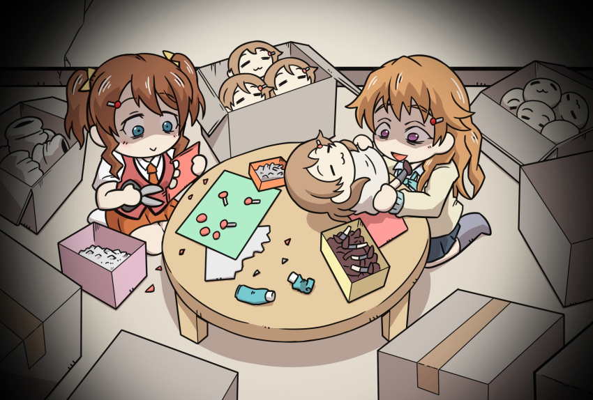 2girls blue_eyes box brown_hair cardboard_box chibi glue hair_ornament highres konoe_haruka konoe_kanata long_hair love_live! love_live!_nijigasaki_high_school_idol_club masedamokei multiple_girls orange_hair scissors siblings sisters stuffed_toy table twintails violet_eyes