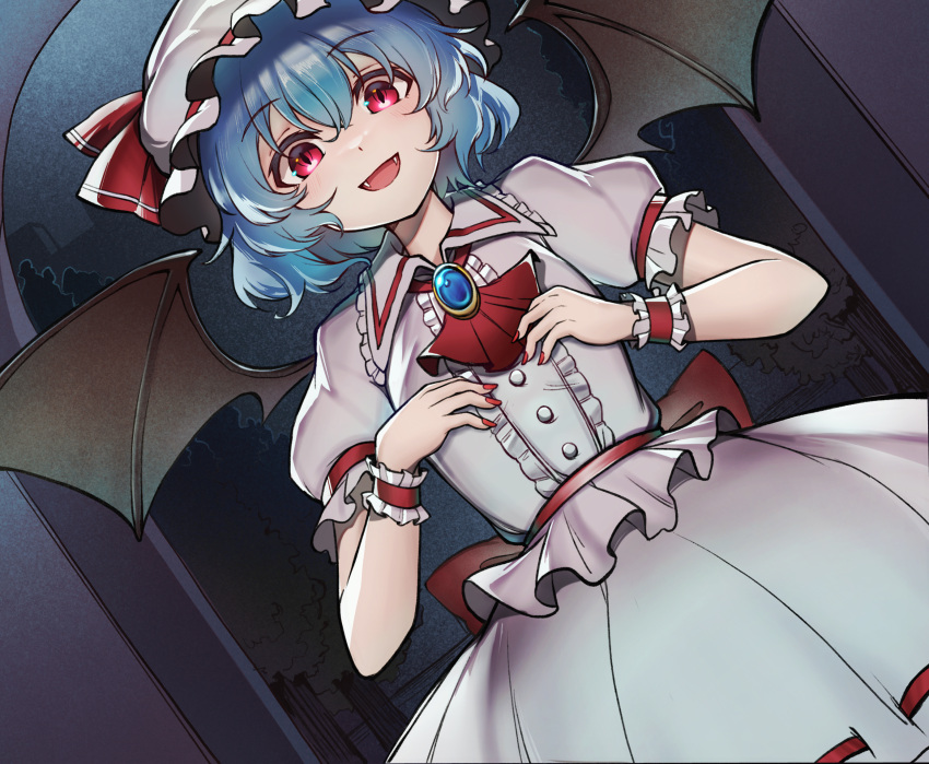 1girl :d ascot back_bow bangs bat_wings blue_hair bow brooch center_frills commentary_request cowboy_shot dutch_angle fangs frilled_shirt frills hair_between_eyes hat hat_ribbon highres jewelry looking_at_viewer medium_hair mob_cap open_mouth red_ascot red_bow red_eyes red_nails remilia_scarlet ribbon shirt shishui_guima skirt smile solo touhou white_headwear white_shirt white_skirt wings wrist_cuffs