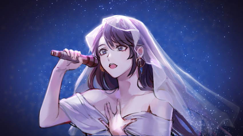 1girl bangs black_hair breasts buried_stars dress highres holding jewelry long_hair min_juyoung moona_59 open_mouth white_dress