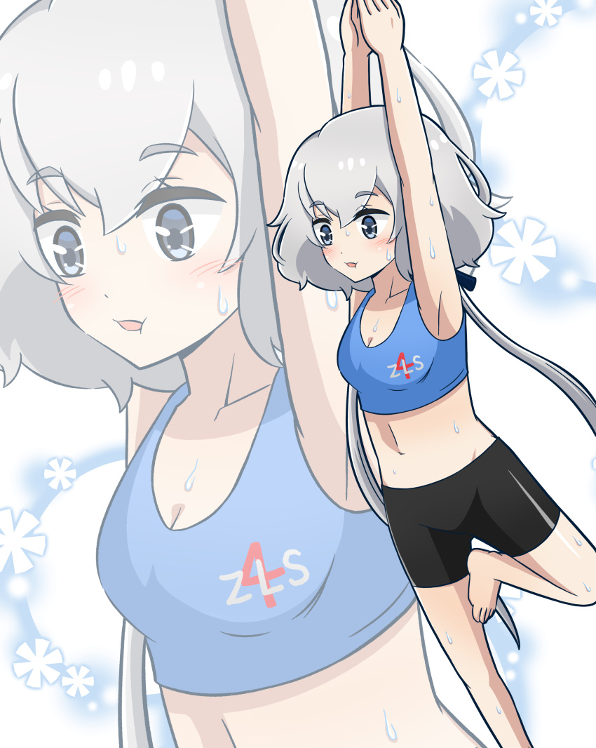 1girl absurdres arms_up bangs bike_shorts blue_eyes blush breasts check_commentary commentary commentary_request exercise eyelashes highres konno_junko long_hair looking_down midriff parted_lips patterned_background pawavita-maio simple_background small_breasts sports_bra standing standing_on_one_leg stretching sweat twintails upper_body white_background white_hair zombie_land_saga