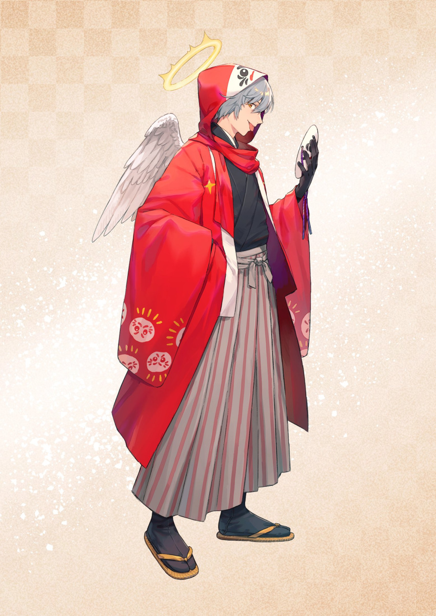 1boy bangs black_gloves black_kimono black_socks brown_hakama closed_mouth crazy_raccoon daruma_is_god feathered_wings full_body gloves grey_hair hakama halo hand_in_pocket hand_up haori highres holding holding_mask japanese_clothes kimono long_sleeves looking_at_viewer male_focus mask saino sandals short_hair sideways_glance socks solo standing tabi tongue tongue_out wide_sleeves wings yellow_eyes
