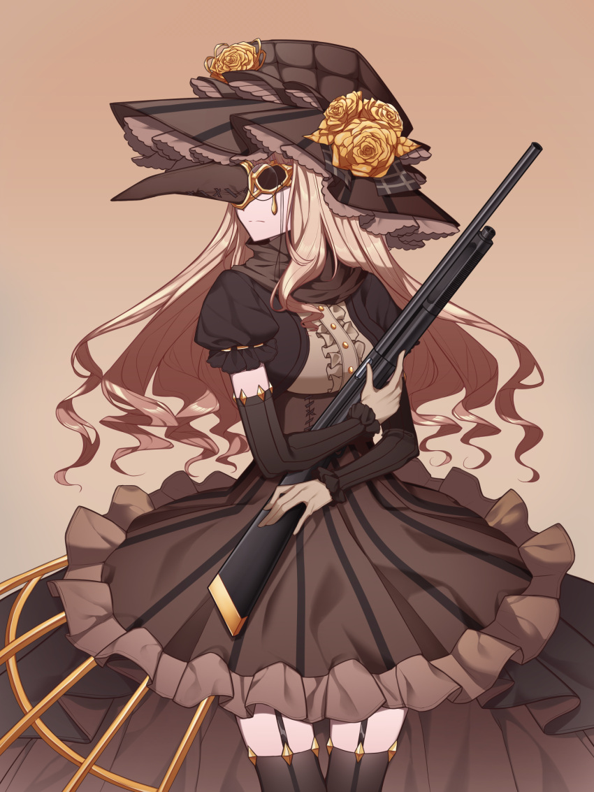 1girl bangs bird_mask black_pantyhose breasts brown_background brown_dress brown_hair brown_headwear brown_sleeves closed_mouth commentary covered_eyes detached_sleeves dress drill_hair facing_to_the_side feet_out_of_frame flower frilled_dress frills g5_(artist) garter_straps glasses gun highres holding holding_gun holding_weapon long_hair mask original pantyhose puffy_short_sleeves puffy_sleeves short_sleeves simple_background small_breasts weapon yellow_flower