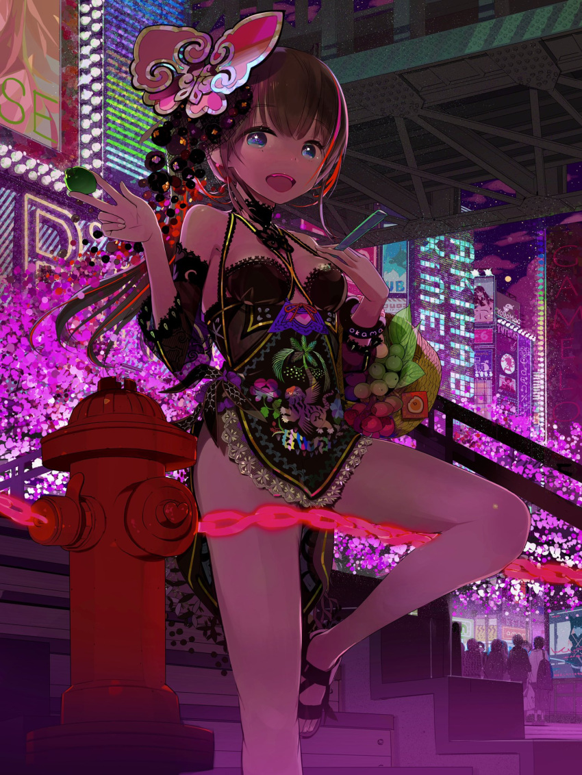 1girl bare_legs bare_shoulders basket blue_eyes breasts brown_hair building chain commentary_request detached_sleeves dress food fruit highres long_hair looking_at_viewer medium_breasts microdress night okama open_mouth original ponytail sandals solo thighs