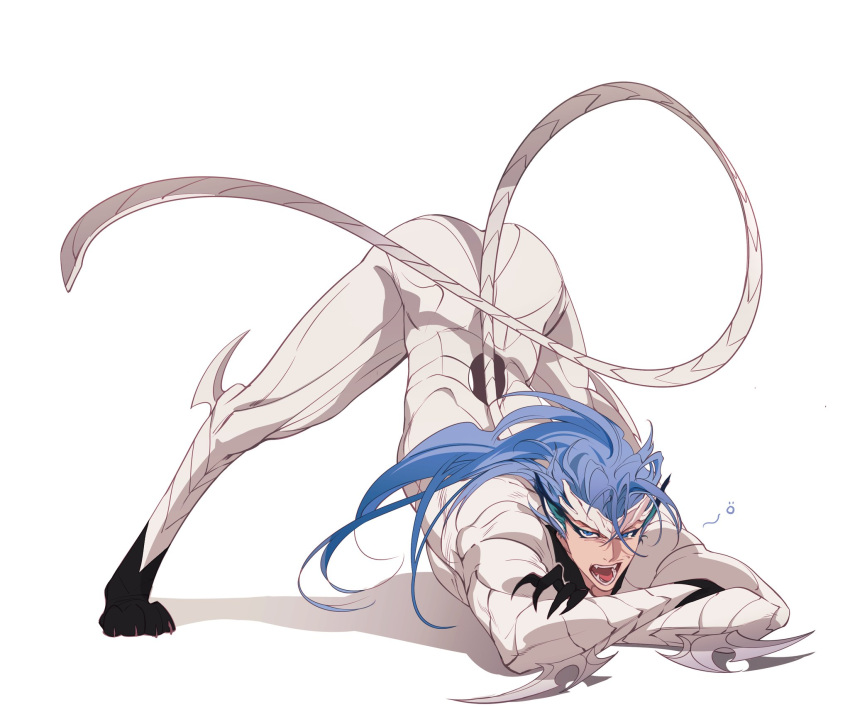 1boy arrancar bleach blue_eyes blue_hair crossed_arms fangs full_body grimmjow_jaegerjaquez highres jack-o'_challenge long_hair looking_at_viewer male_focus meme open_mouth solo teeth tobu_0w0 top-down_bottom-up white_background