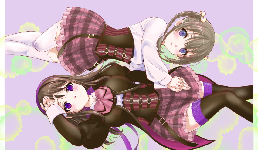 2girls arm_at_side assault_lily bangs belt belt_buckle black_thighhighs blush bow bowtie braid breasts brown_belt brown_hair brown_jacket buckle closed_mouth coattails collared_shirt commentary corset detached_sleeves feet_out_of_frame frilled_skirt frills hair_ribbon hairband hand_on_own_forehead hand_up highres holding_hands interlocked_fingers jacket juliet_sleeves kishimoto_lucia_raimu knee_up long_hair long_sleeves looking_at_viewer ludvico_private_girls'_academy_school_uniform lying medium_breasts medium_hair miniskirt multiple_belts multiple_girls nanairo_(nanairo227) on_back on_side open_clothes open_jacket pillarboxed pink_bow pink_bowtie pink_skirt plaid plaid_skirt puffy_sleeves purple_hairband purple_ribbon ribbon school_uniform shirt siblings side-by-side sidelocks sisters skirt smile thigh-highs twin_braids twintails underbust violet_eyes white_ribbon white_shirt white_thighhighs zettai_ryouiki