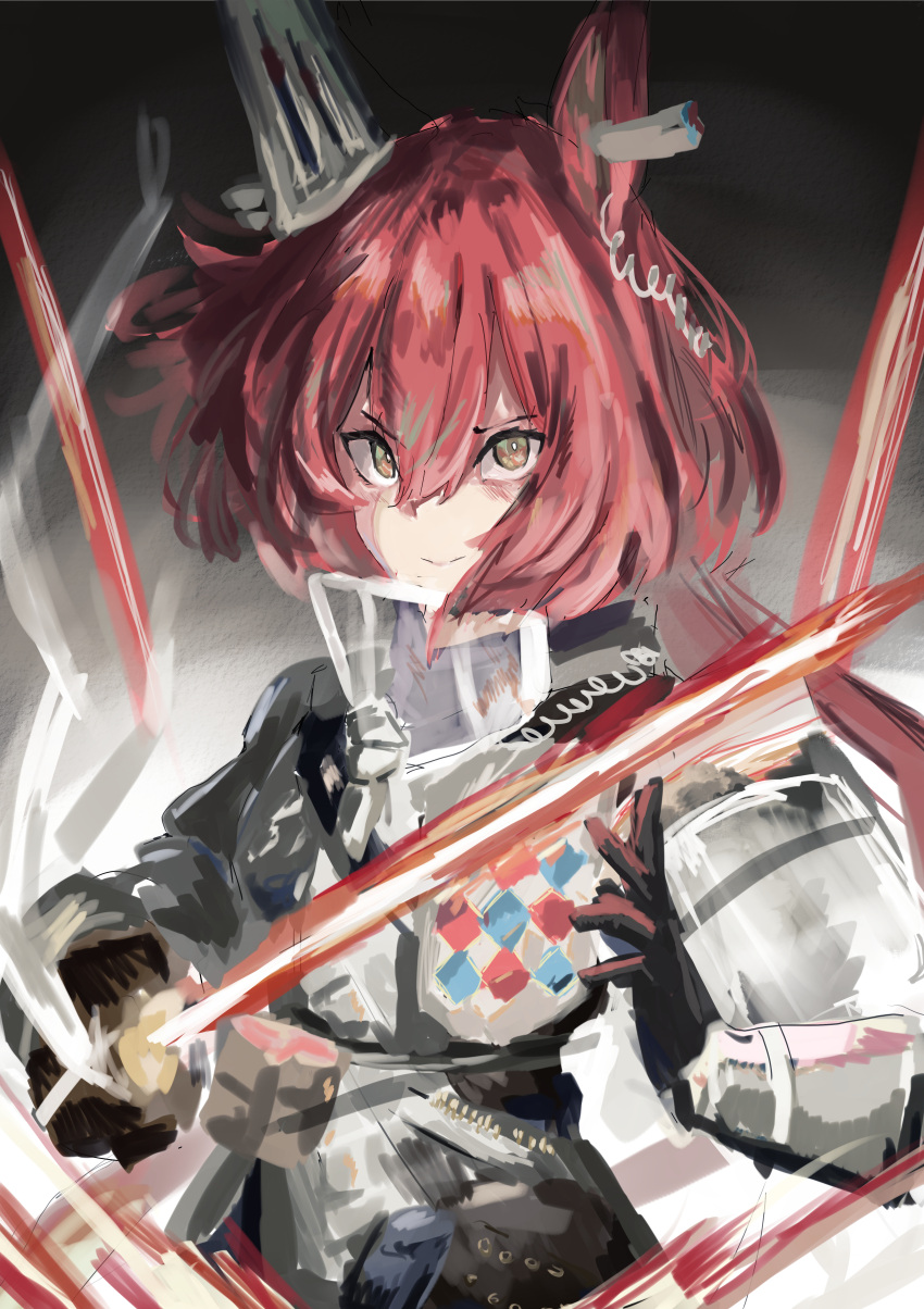 1girl absurdres animal_ears arknights bangs black_gloves closed_mouth commentary flametail_(arknights) gambeson gloves hair_between_eyes highres holding holding_weapon kakuriyo_rei long_bangs looking_at_viewer redhead short_hair solo upper_body weapon